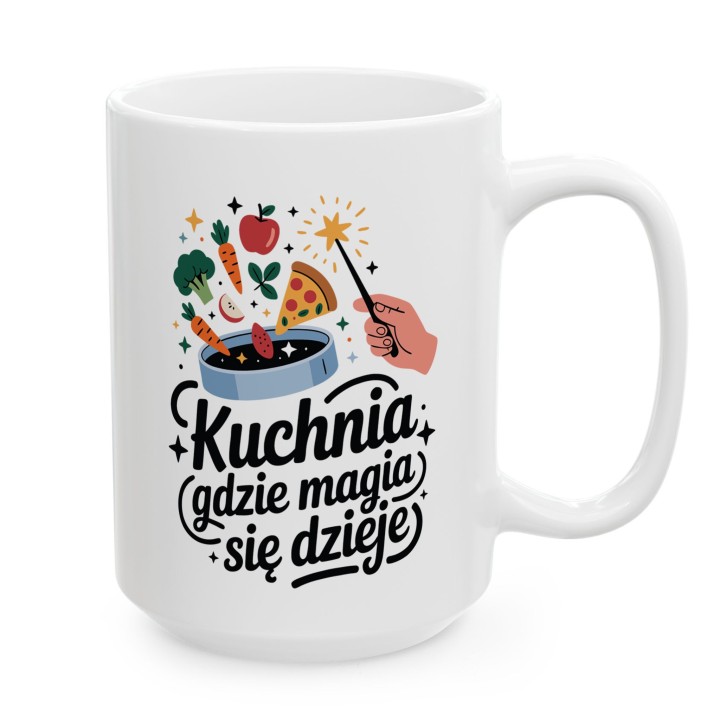 Kubek z nadrukiem „Kuchnia – tutaj magia się dzieje!” – prezent dla osoby, która lubi gotować