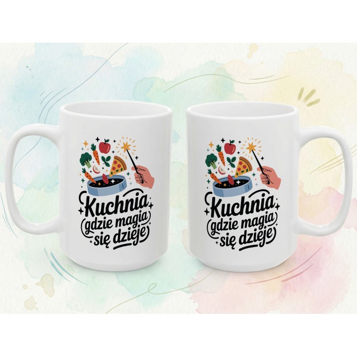 Kubek z nadrukiem „Kuchnia – tutaj magia się dzieje!” – prezent dla osoby, która lubi gotować