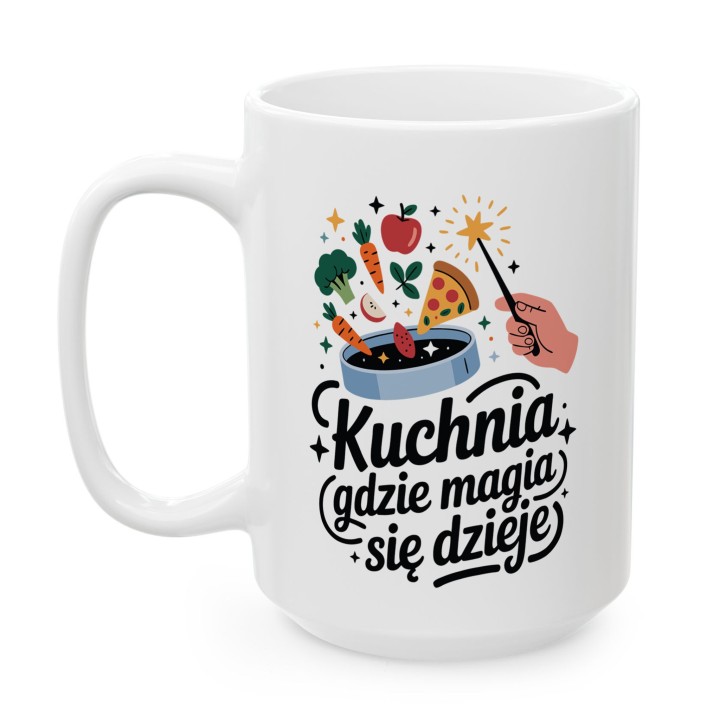 Kubek z nadrukiem „Kuchnia – tutaj magia się dzieje!” – prezent dla osoby, która lubi gotować