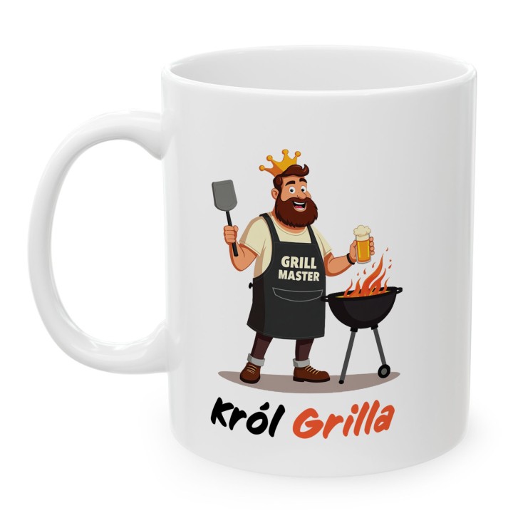 Kubek z nadrukiem Król Grilla – Grill Master, śmieszny prezent dla miłośnika grillowania