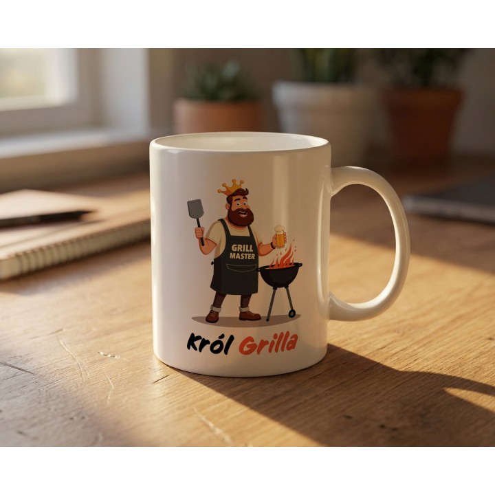 Kubek z nadrukiem Król Grilla – Grill Master, śmieszny prezent dla miłośnika grillowania