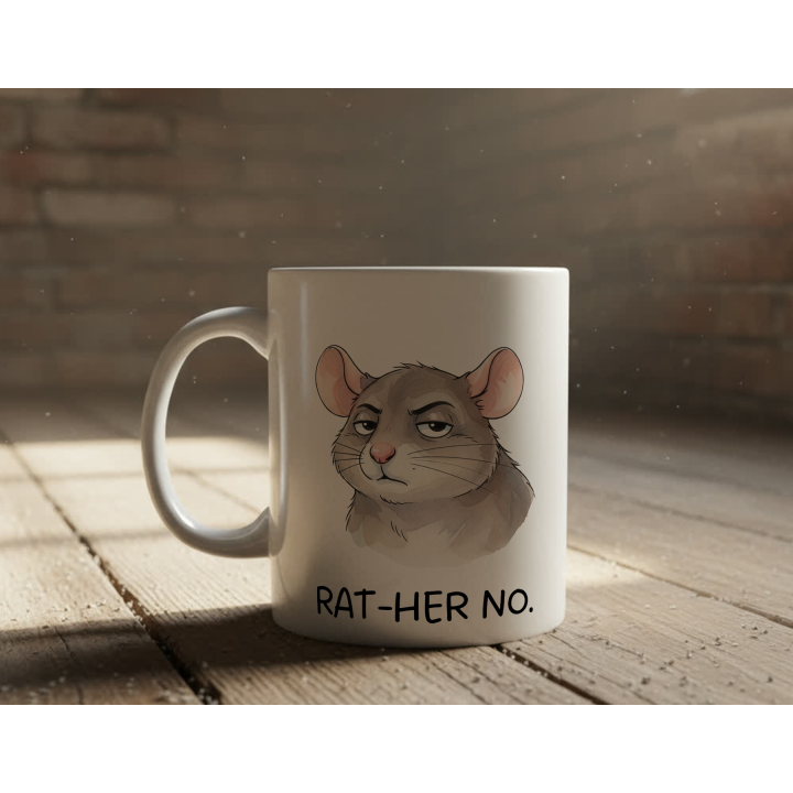 Kubek z nadrukiem „RAT-HER NO.” – śmieszny kubek ze szczurem, sarkastyczny prezent dla realistów