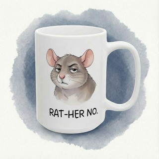 Kubek z nadrukiem „RAT-HER NO.” – śmieszny kubek ze szczurem, sarkastyczny prezent dla realistów