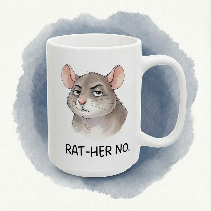 Kubek z nadrukiem „RAT-HER NO.” – śmieszny kubek ze szczurem, sarkastyczny prezent dla realistów