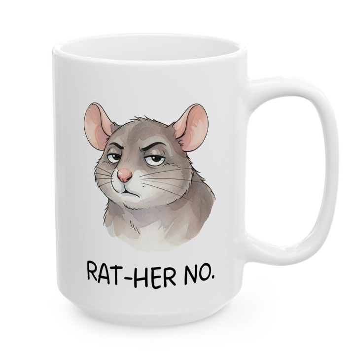 Kubek z nadrukiem „RAT-HER NO.” – śmieszny kubek ze szczurem, sarkastyczny prezent dla realistów
