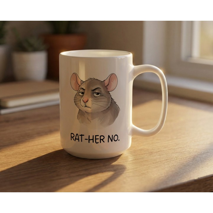 Kubek z nadrukiem „RAT-HER NO.” – śmieszny kubek ze szczurem, sarkastyczny prezent dla realistów