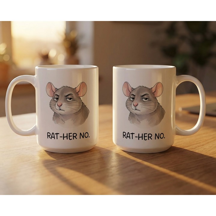 Kubek z nadrukiem „RAT-HER NO.” – śmieszny kubek ze szczurem, sarkastyczny prezent dla realistów