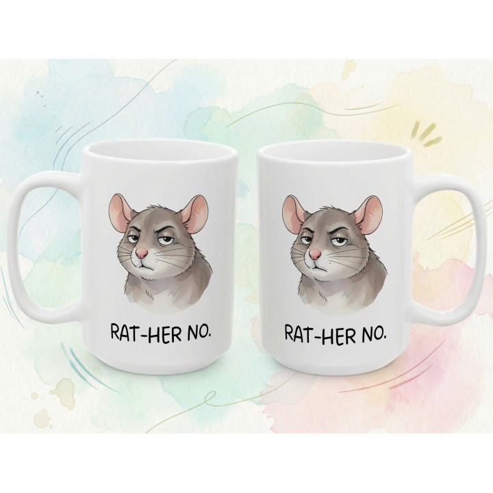 Kubek z nadrukiem „RAT-HER NO.” – śmieszny kubek ze szczurem, sarkastyczny prezent dla realistów