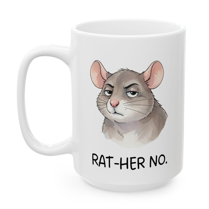 Kubek z nadrukiem „RAT-HER NO.” – śmieszny kubek ze szczurem, sarkastyczny prezent dla realistów