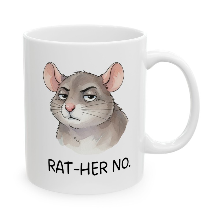 Kubek z nadrukiem „RAT-HER NO.” – śmieszny kubek ze szczurem, sarkastyczny prezent dla realistów