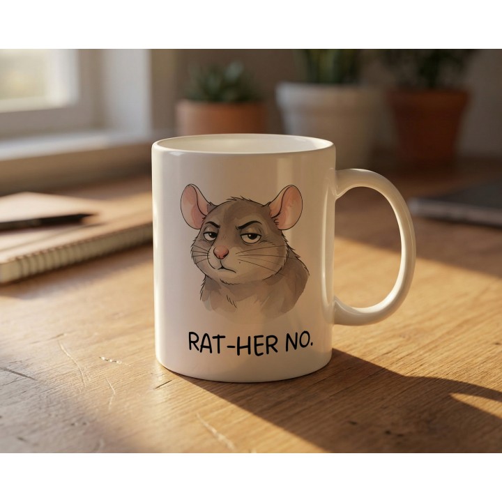 Kubek z nadrukiem „RAT-HER NO.” – śmieszny kubek ze szczurem, sarkastyczny prezent dla realistów