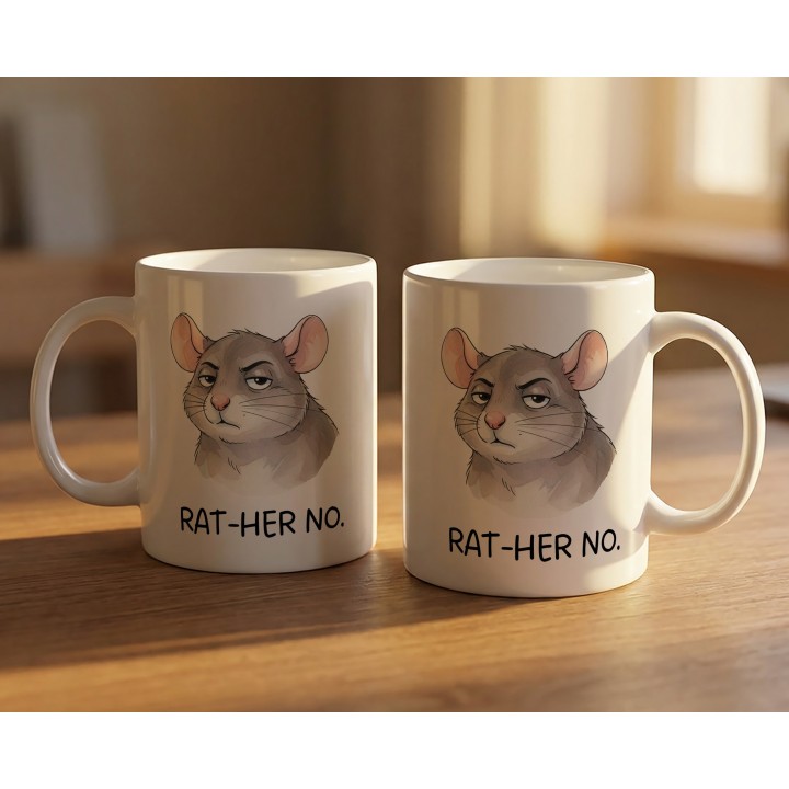 Kubek z nadrukiem „RAT-HER NO.” – śmieszny kubek ze szczurem, sarkastyczny prezent dla realistów