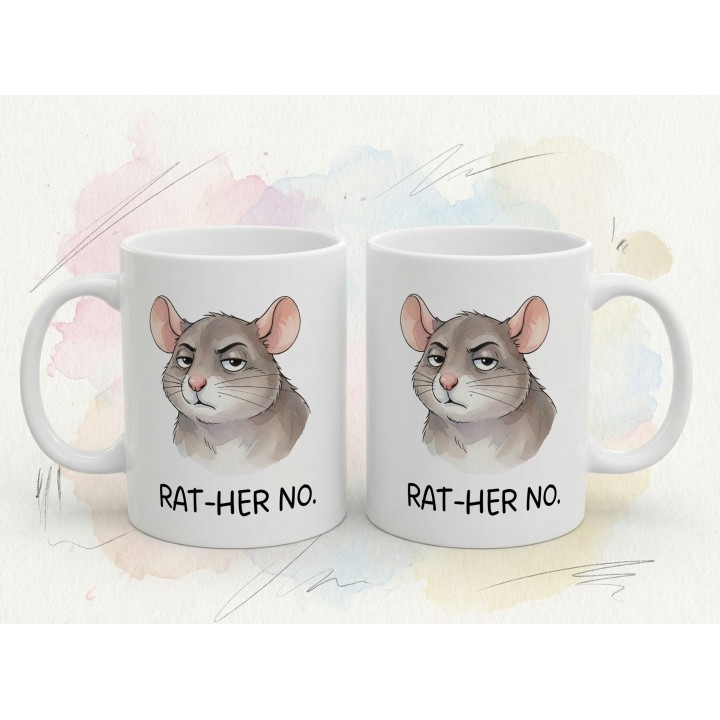 Kubek z nadrukiem „RAT-HER NO.” – śmieszny kubek ze szczurem, sarkastyczny prezent dla realistów