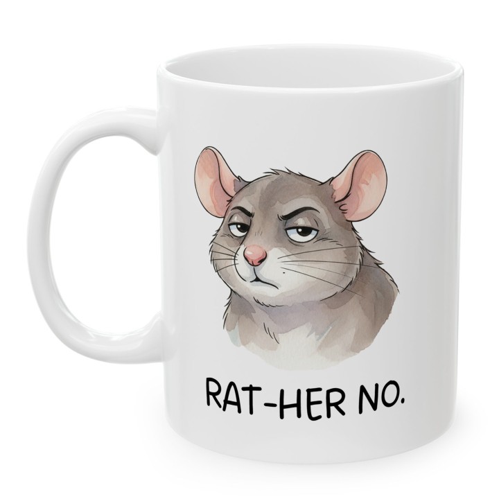 Kubek z nadrukiem „RAT-HER NO.” – śmieszny kubek ze szczurem, sarkastyczny prezent dla realistów