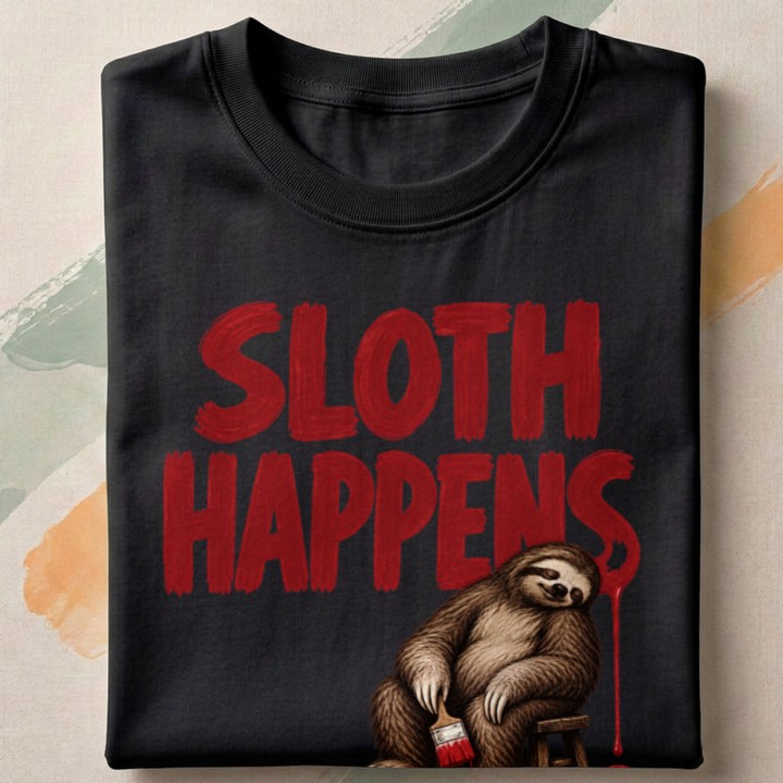 Koszulka z napisem Sloth Happens i pędzlem z farbą