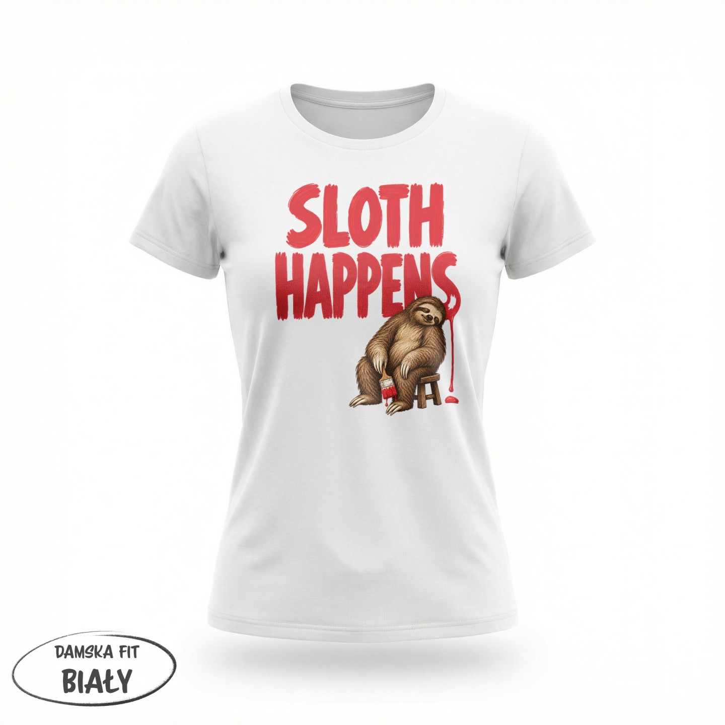 Koszulka ze śpiącym leniwcem Sloth Happens – Damska fit biała