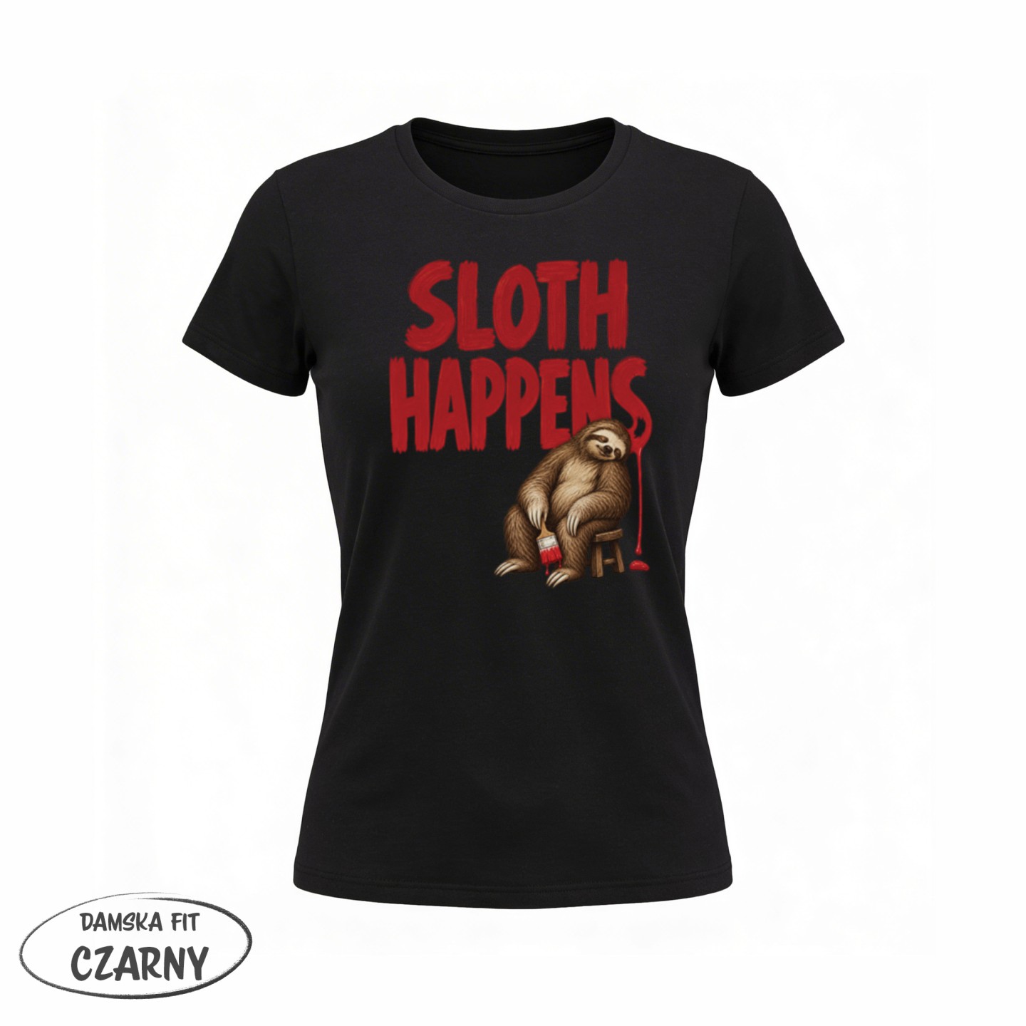 Koszulka ze śpiącym leniwcem Sloth Happens – Damska Fit Czarna