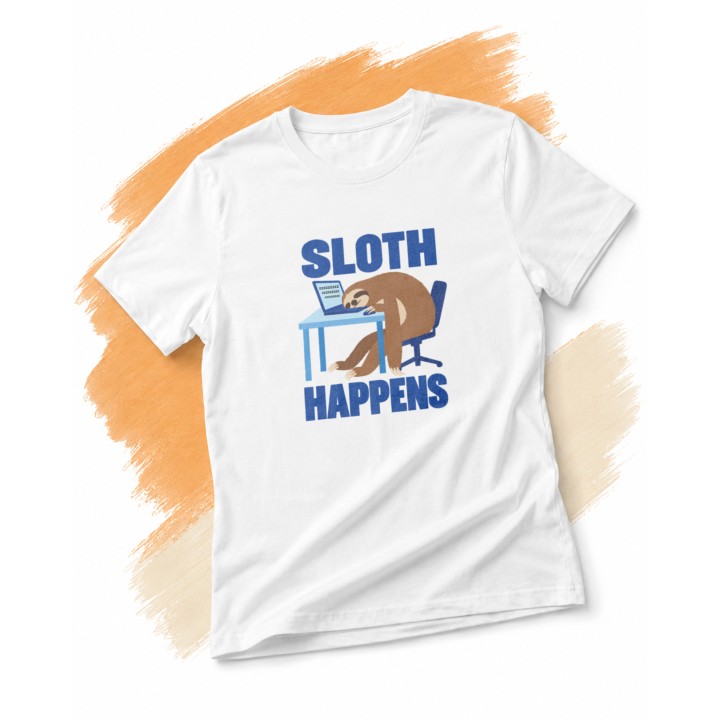 Koszulka ze śpiącym leniwcem przy laptopie Sloth Happens
