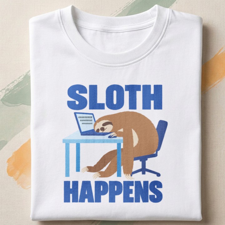 T-shirt z zabawnym motywem leniwca pracującego w biurze