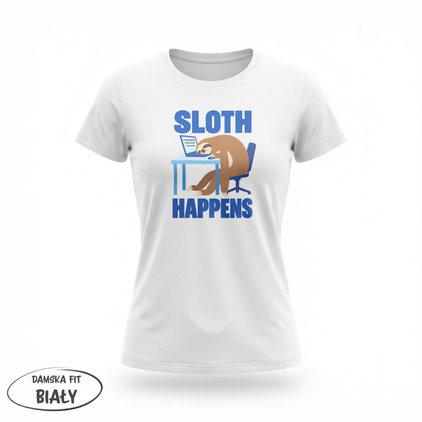 Koszulka ze śpiącym leniwcem przy laptopie Sloth Happens – Damska fit biała