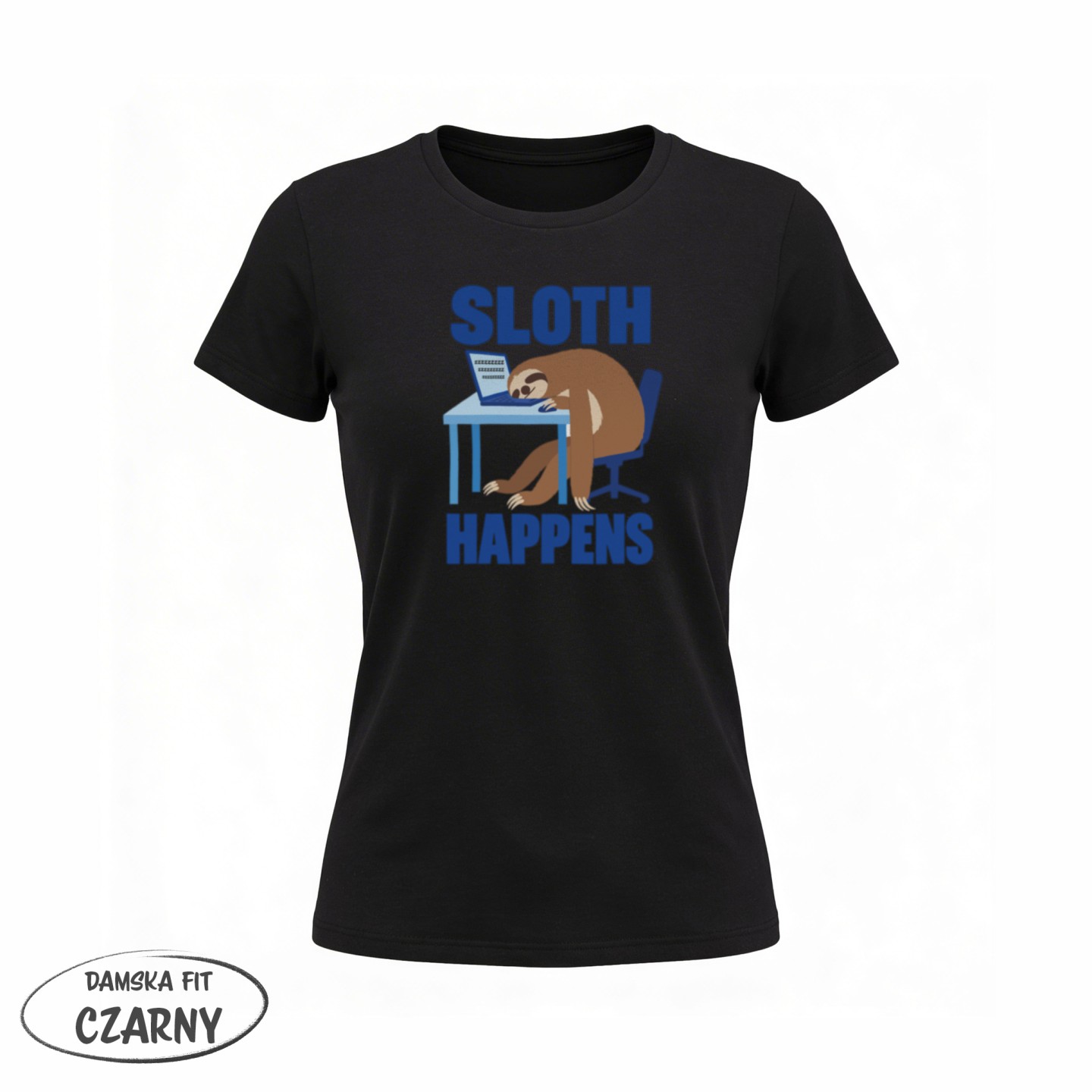 Koszulka ze śpiącym leniwcem przy laptopie Sloth Happens – Damska Fit Czarna