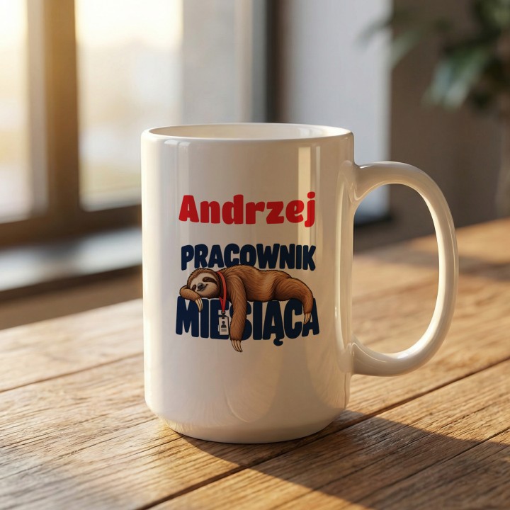 Personalizowany kubek do pracy z imieniem i leniwcem