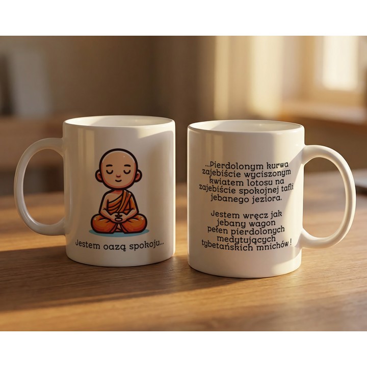 Kubek z nadrukiem „Jestem oazą spokoju” – śmieszny kubek zen z mocnym tekstem