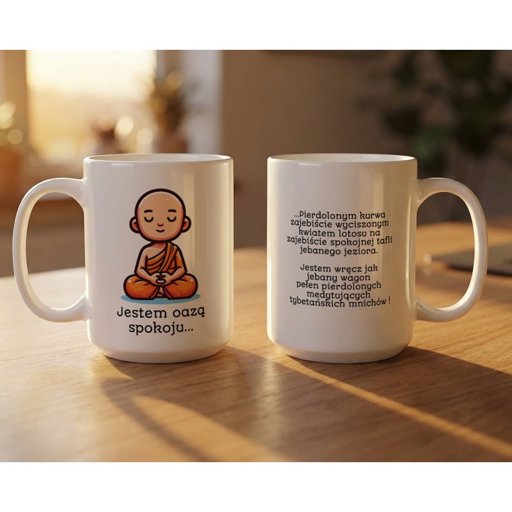 Kubek z nadrukiem „Jestem oazą spokoju” – śmieszny kubek zen z mocnym tekstem
