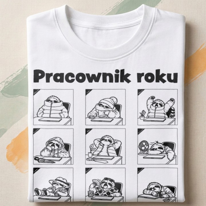 Śmieszna koszulka z leniwcem przy biurku