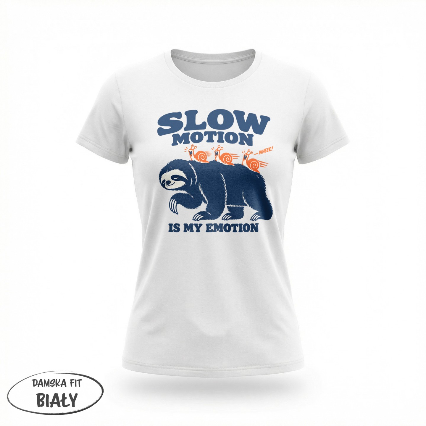 Koszulka z leniwcem i ślimakami Slow Motion Is My Emotion – Damska fit biała