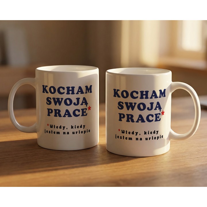 Kubek z nadrukiem „Kocham swoją pracę*” – śmieszny kubek o pracy i urlopie