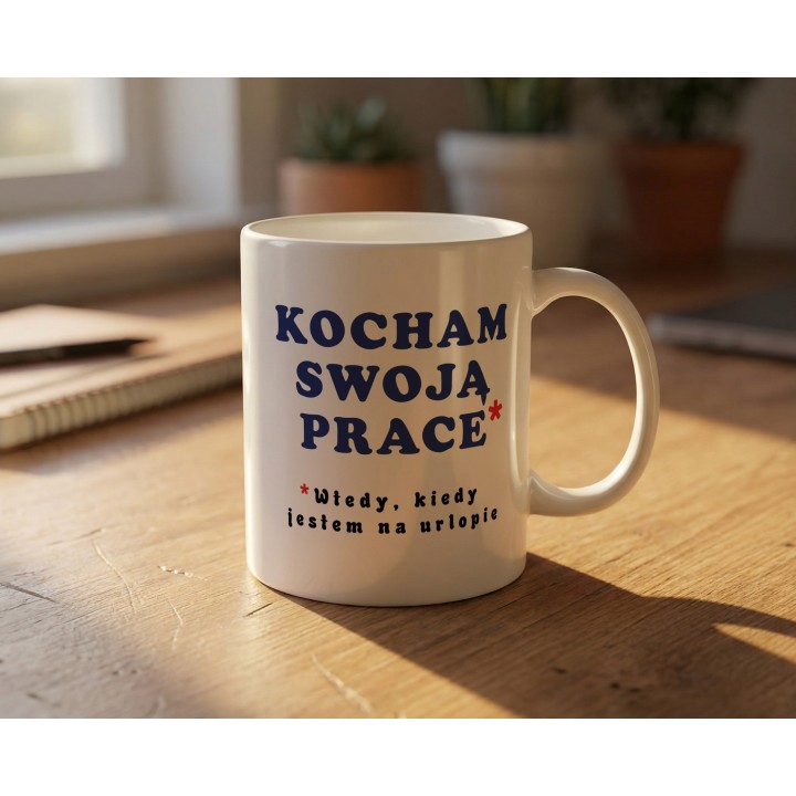 Kubek z nadrukiem „Kocham swoją pracę*” – śmieszny kubek o pracy i urlopie