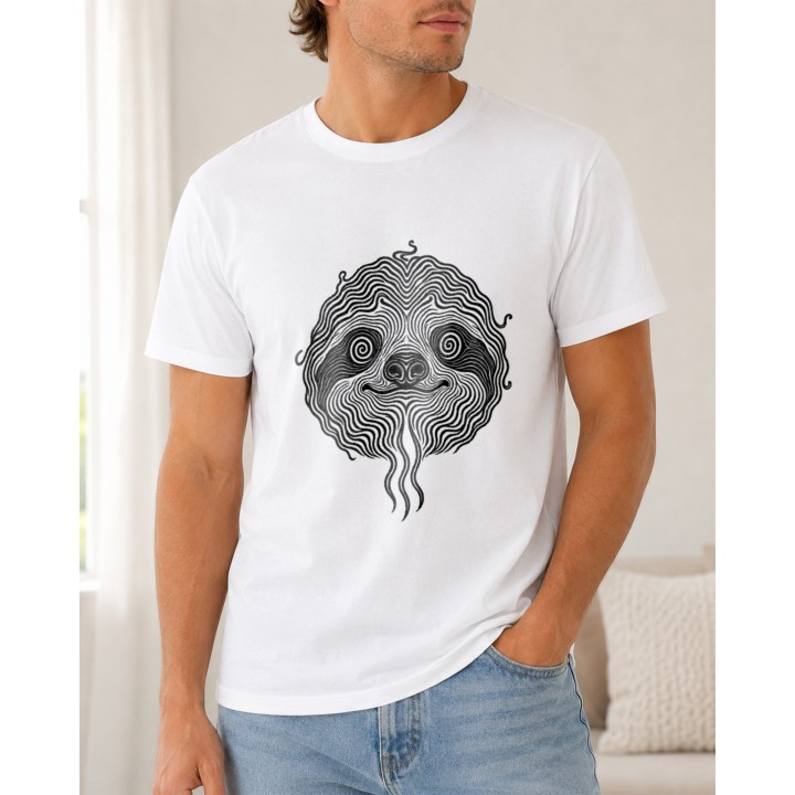 Czarno-biały t-shirt z artystycznym nadrukiem leniwca