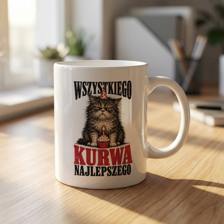 Kubek z napisem Wszystkiego K**** Najlepszego | Śmieszny kubek z kotem na urodziny