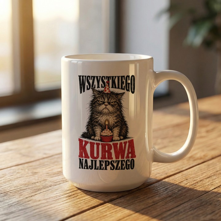 Kubek z napisem Wszystkiego K**** Najlepszego | Śmieszny kubek z kotem na urodziny