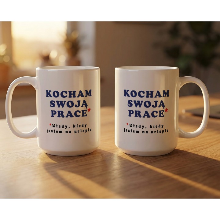 Kubek z nadrukiem „Kocham swoją pracę*” – śmieszny kubek o pracy i urlopie
