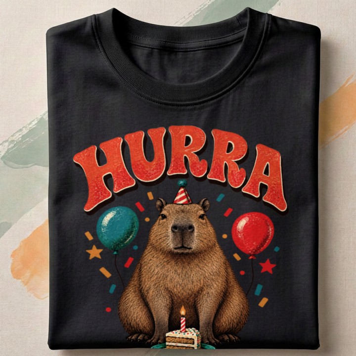 T-shirt na urodziny z motywem kapibary i tortem