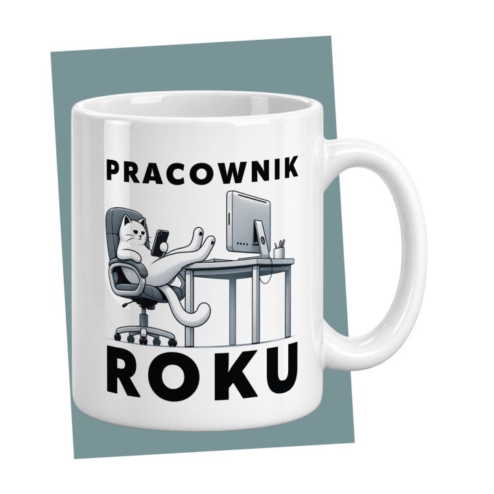 Kubek z nadrukiem Pracownik Roku – kot home office i dla pracujących w biurze