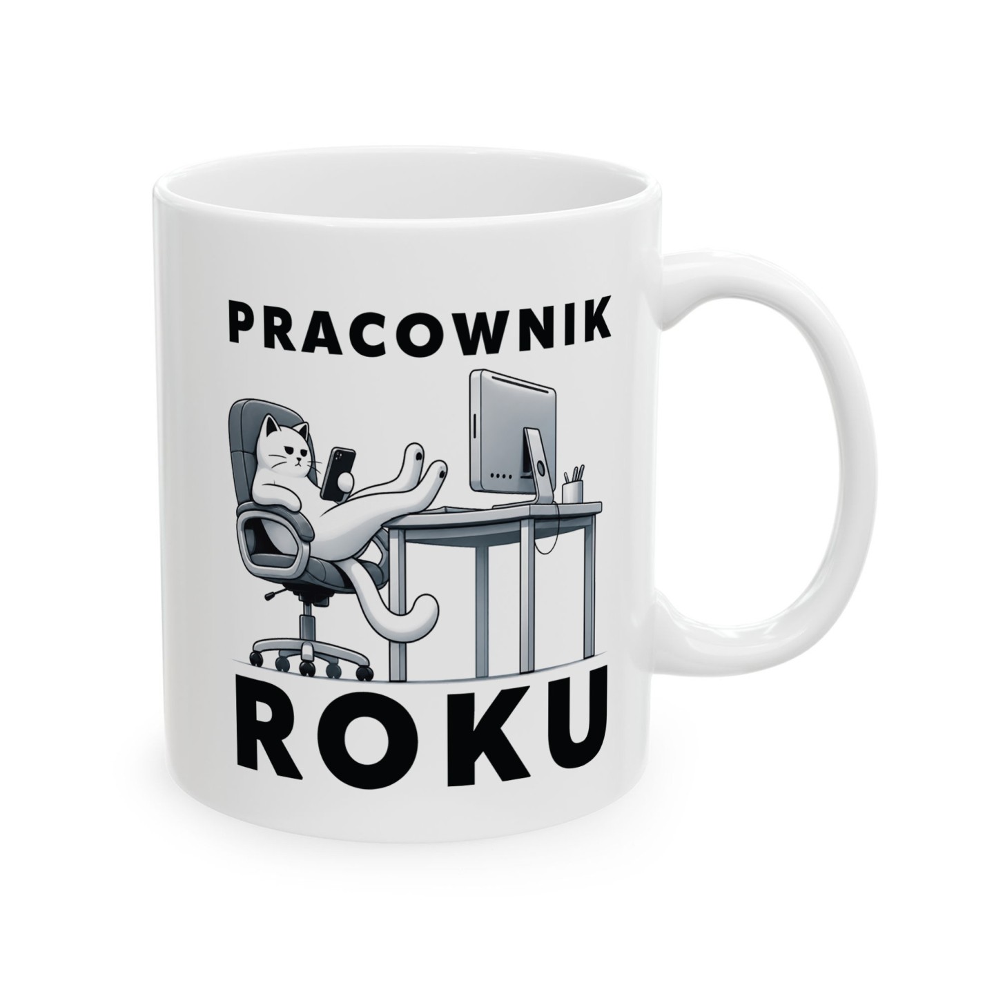 Kubek z nadrukiem Pracownik Roku – kot home office i dla pracujących w biurze