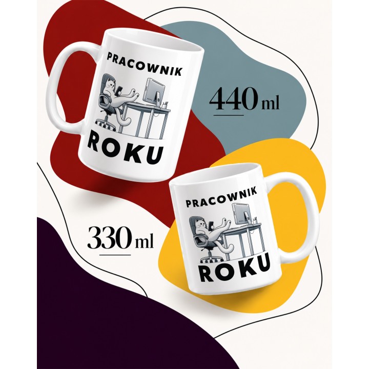 Kubek z nadrukiem Pracownik Roku – kot home office i dla pracujących w biurze