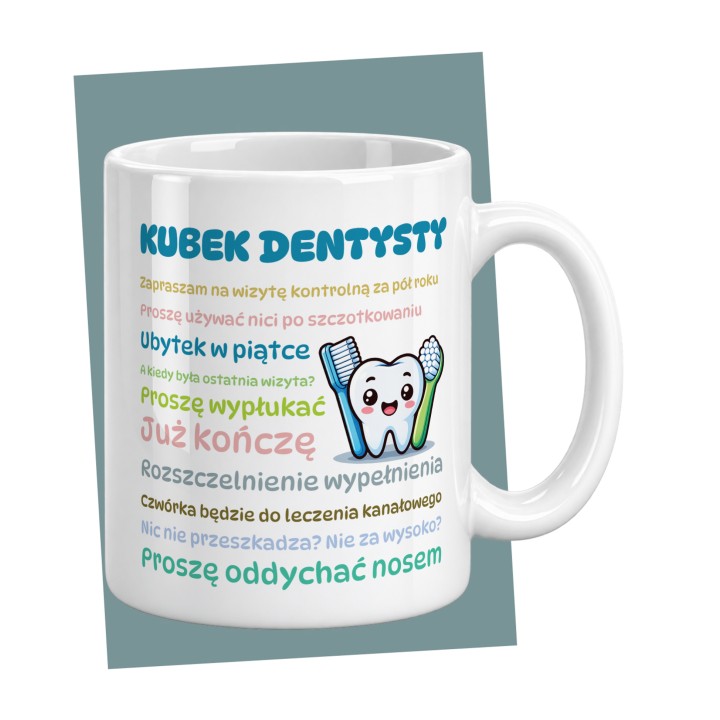 Kubek dentysty ze śmiesznymi tekstami stomatologa