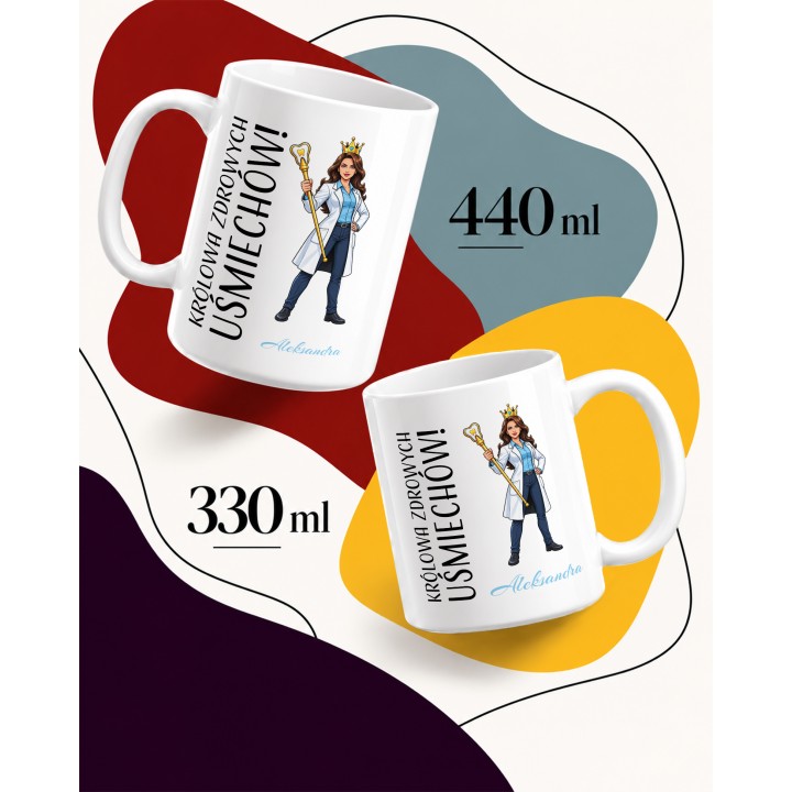 Kubek Królowa Zdrowych Uśmiechów z berłem zęba | Personalizowany kubek dla stomatologa