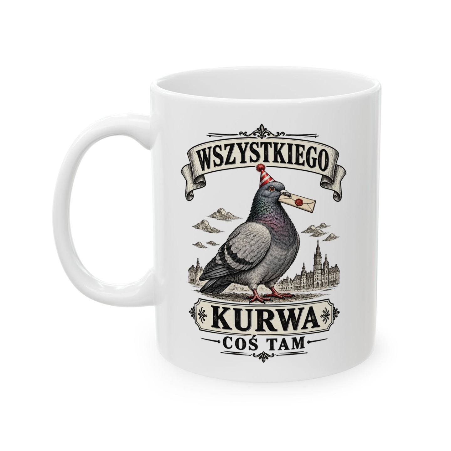 Śmieszny kubek Wszystkiego kurwa coś tam z gołębiem