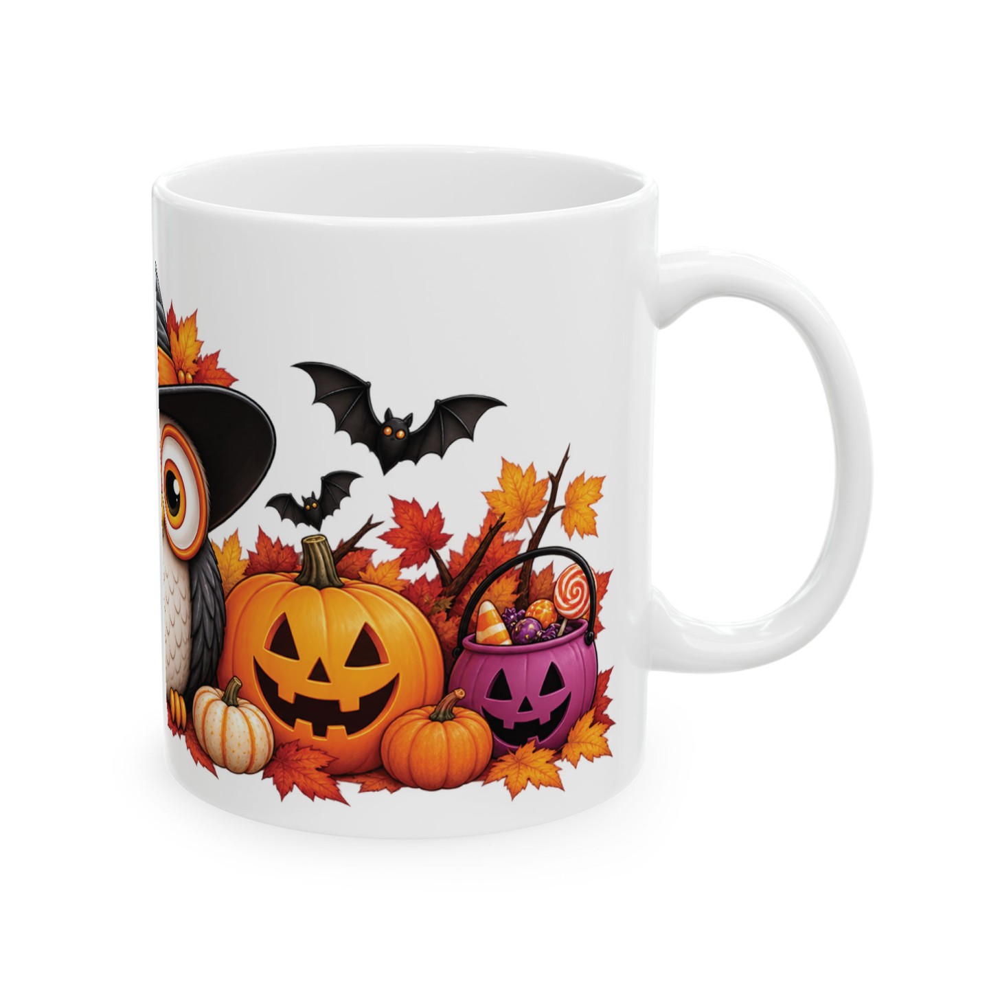 Kubek z sową halloweenową w kapeluszu czarownicy