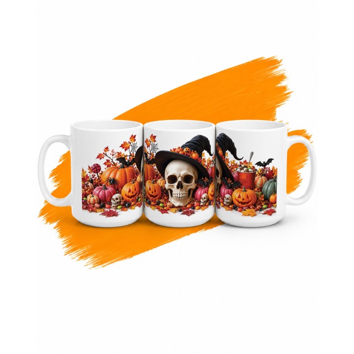 Kubek Halloween Czaszka w Kapeluszu Czarownicy i Dynie | Motyw Jesienny