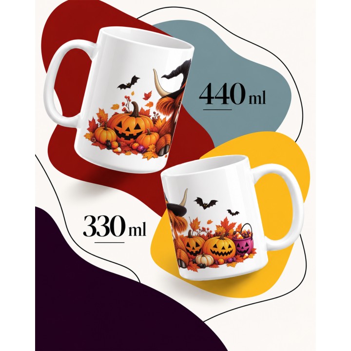 Kubek halloweenowy z krową szkocką i nietoperzami
