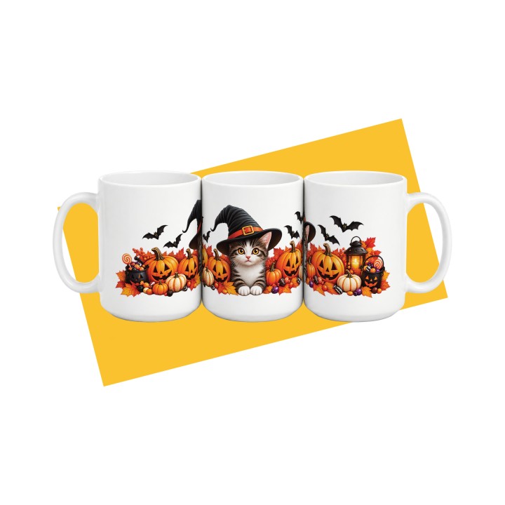 Kubek z kotem w kapeluszu czarownicy na Halloween