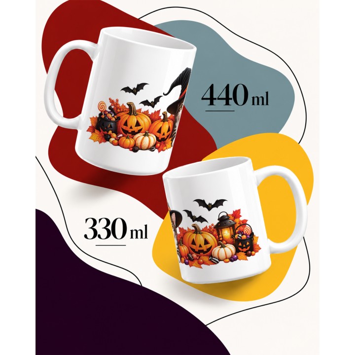 Kubek ceramiczny z grafiką kota i halloweenowych słodyczy