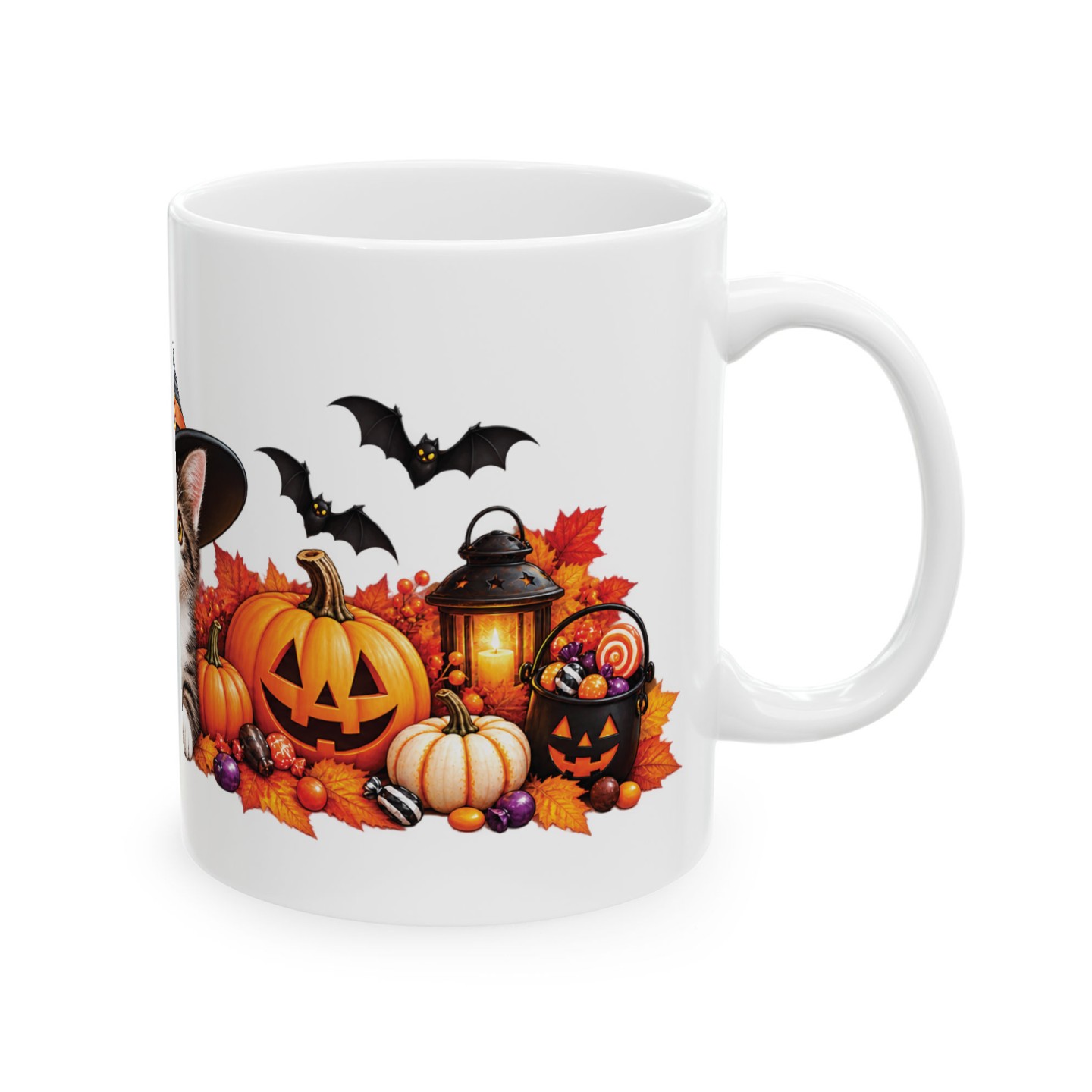 Kubek z kotem w kapeluszu czarownicy na Halloween