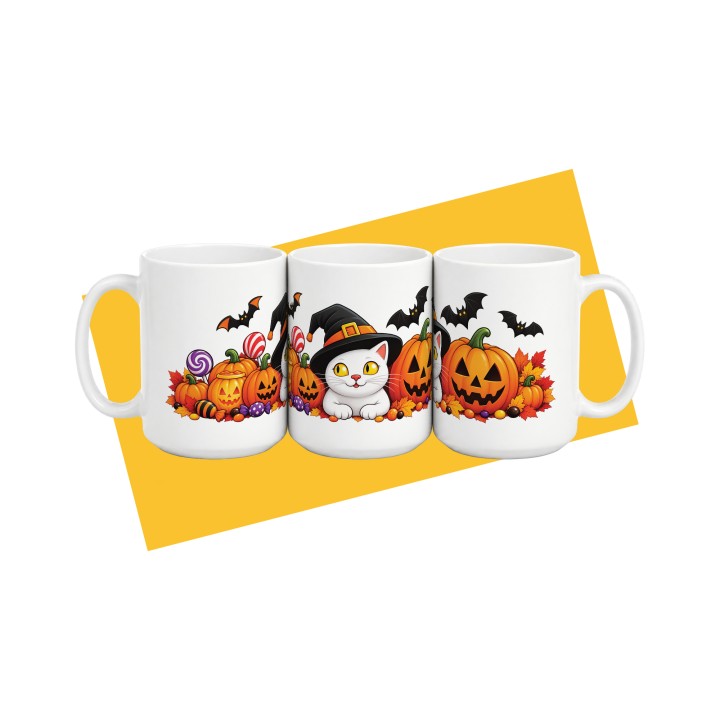 Kubek z kotem na Halloween w kapeluszu czarownicy